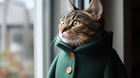 Thoughtful tabby wearing a green coat, positioned near a window with soft sunlight highlighting its reflective moodの素材