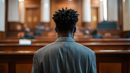 A contemplative Black man stands in a courtroom, his back to the camera, facing a moment of accountability before the judgeの素材