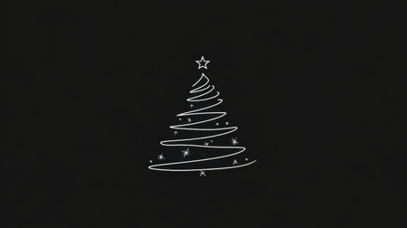 A black background with a white Christmas tree line drawing, complete with a star, creating a minimal holiday aesthetic.の素材