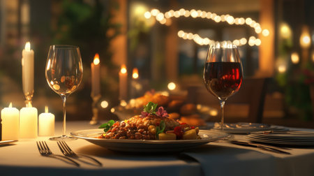 A luxurious dining table with a gourmet plate and a glass of wine, set under soft candlelight for an elegant dining experienceの素材