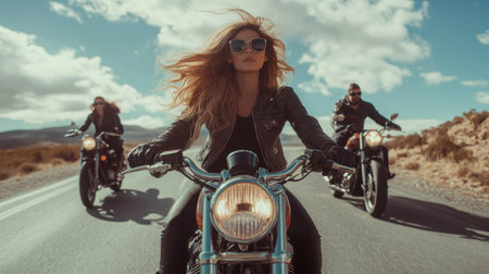 With the wind in her hair, a stylish woman leads a motorcycle group on a wide-open road, embodying confidence and a love for explorationの素材