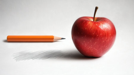 A real red apple contrasts with its pencil sketch, both floating in harmony, blending reality with creativity.の素材