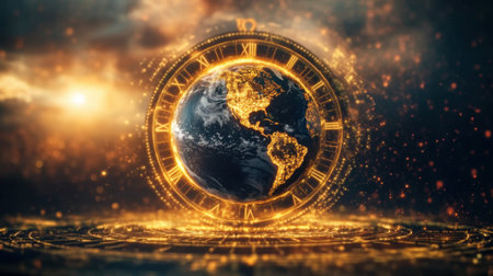 A dramatic image of the Earth on a clock face, continents glowing with heat, representing the ticking clock of climate change.の素材