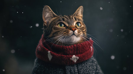Winter-ready cat adorned in cozy clothes, standing stoically on a dark backdrop with subtle highlightsの素材