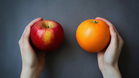 Apple vs orange concept, hands presenting both fruits with stark color contrast on a neutral grey background.の素材