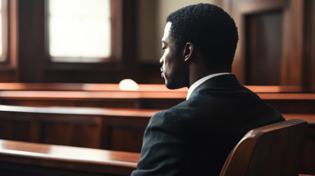 A lone Black man in a courtroom, with the judge bench in focus, capturing themes of accountability and legal process.の素材