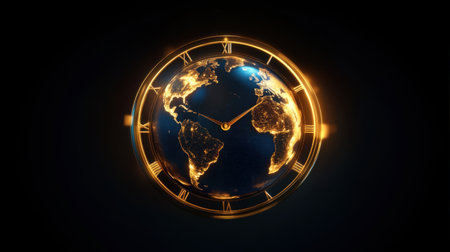 A dramatic image of the Earth on a clock face, continents glowing with heat, representing the ticking clock of climate change.の素材