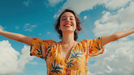 A cheerful young woman stretches her arms wide under a vivid blue sky, basking in sunlight and radiating happiness.の素材