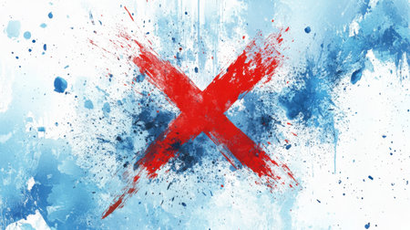 Abstract design with a striking red X at the center of a splattered blue and white watercolor background, evoking emotion.の素材