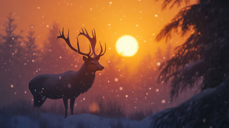A graceful stag in a snowy forest under an ethereal orange sunset, snowflakes adding to the serene atmosphere.の素材