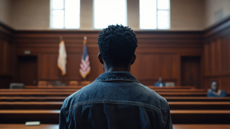 A contemplative Black man stands in a courtroom, his back to the camera, facing a moment of accountability before the judgeの素材