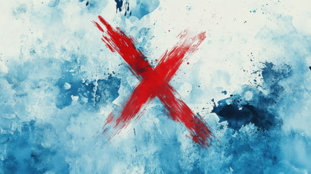Abstract design with a striking red X at the center of a splattered blue and white watercolor background, evoking emotion.の素材