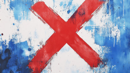 A vivid red X dominates the frame, layered over a textured blue and white watercolor canvas, representing opposition.の素材