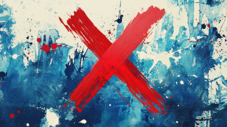 A bold red X painted over blue and white watercolor splatters, symbolizing rejection, voting, or denial, with vibrant textures.の素材