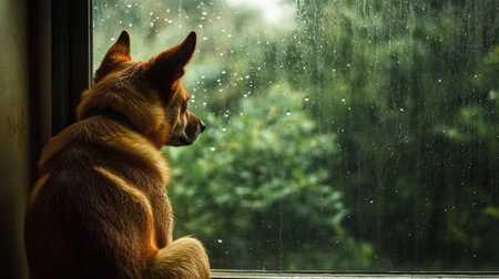 A contemplative dog sits by a wet window, watching the rain and greenery beyond, exuding calm and warmth.の素材