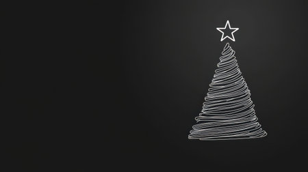 A black background with a white Christmas tree line drawing, complete with a star, creating a minimal holiday aesthetic.の素材