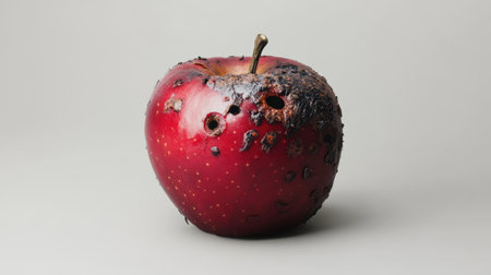 A decaying apple, its surface riddled with holes, shows worms and rot in vivid detail against a plain background.の素材