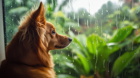 A pensive dog watches raindrops slide down the window, looking at the lush greenery outside, waiting for the rain to stop.の素材