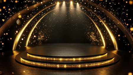 A black and gold stage with shimmering lights and a glowing arc, perfect for a night of celebrations and awards.の素材
