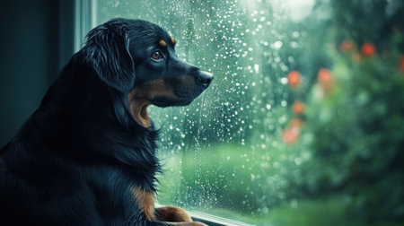 A contemplative dog sits by a wet window, watching the rain and greenery beyond, exuding calm and warmth.の素材