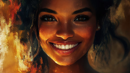 A glowing face with a flawless complexion, bright smile, and expressive eyes, exuding confidence and grace.の素材