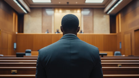 A contemplative Black man stands in a courtroom, his back to the camera, facing a moment of accountability before the judgeの素材