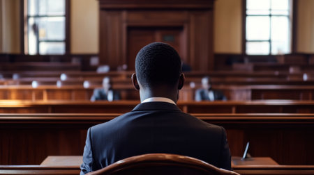 A lone Black man in a courtroom, with the judge bench in focus, capturing themes of accountability and legal process.の素材