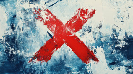 A vivid red X dominates the frame, layered over a textured blue and white watercolor canvas, representing opposition.の素材