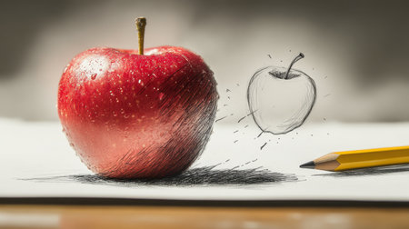 A real red apple contrasts with its pencil sketch, both floating in harmony, blending reality with creativity.の素材