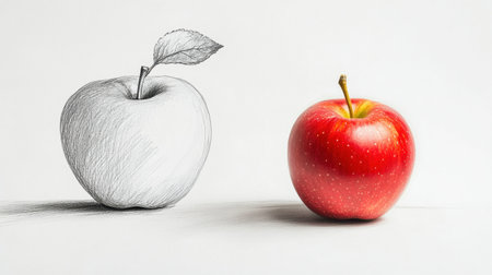 A sketched pencil drawing of an apple transitions seamlessly into a real red apple floating beside it, symbolizing creativity.の素材