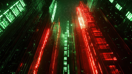 A mix of vertical neon light beams in glowing red and green tones on a black background, evoking a cyberpunk atmosphere.の素材