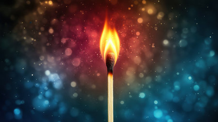 A single match ignites, its warm flame glowing brightly against a dark background, symbolizing ideas and new beginnings.の素材