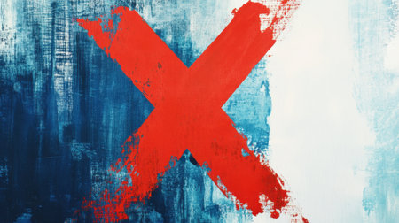 A vivid red X dominates the frame, layered over a textured blue and white watercolor canvas, representing opposition.の素材