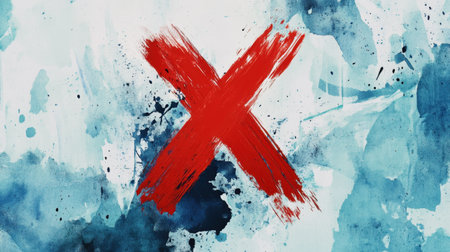 Artistic depiction of a red X painted on a splattered blue and white watercolor background, emphasizing boldness and finality.の素材