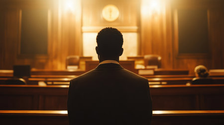 Back view of a Black man standing alone in a courtroom, facing the judge's bench under solemn lighting, symbolizing justice.の素材