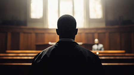 Back view of a Black man standing alone in a courtroom, facing the judge's bench under solemn lighting, symbolizing justice.の素材