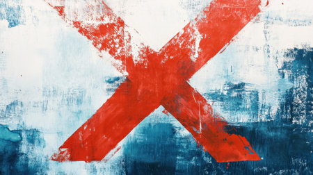 A vivid red X dominates the frame, layered over a textured blue and white watercolor canvas, representing opposition.の素材