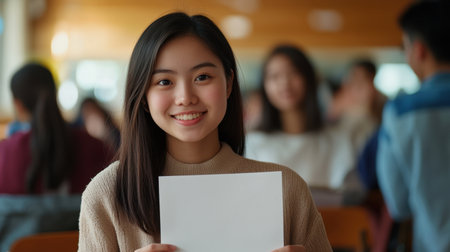 A cheerful Asian student holds an empty white paper, seated in a lively classroom, her peers blurred in the backdrop.の素材