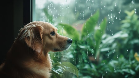 A pensive dog watches raindrops slide down the window, looking at the lush greenery outside, waiting for the rain to stop.の素材