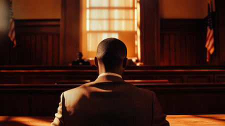 A lone Black man in a courtroom, with the judge bench in focus, capturing themes of accountability and legal process.の素材