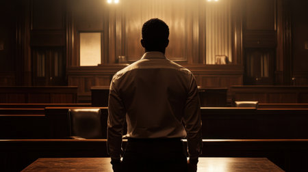Back view of a Black man standing alone in a courtroom, facing the judge's bench under solemn lighting, symbolizing justice.の素材