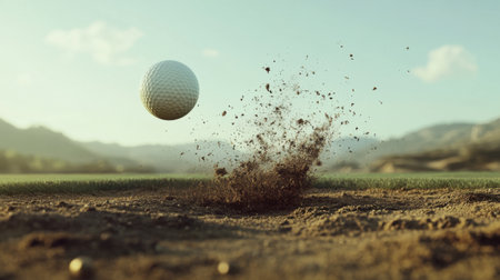 A golf ball soars through the air as the golfer hits it cleanly, with dirt and grass scattering off the fairwayの素材