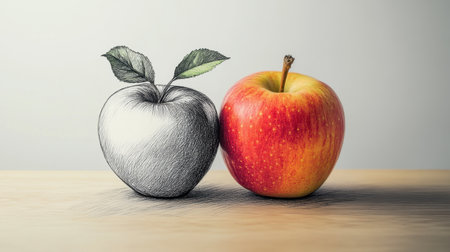 Artistic depiction of a pencil-drawn apple merging with a vibrant real apple, capturing the essence of imagination.の素材