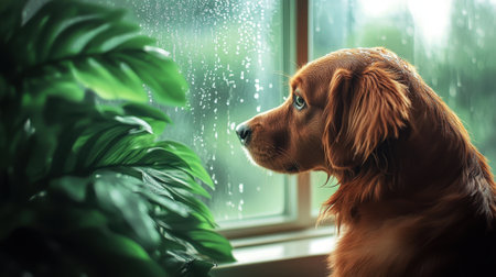 A pensive dog watches raindrops slide down the window, looking at the lush greenery outside, waiting for the rain to stop.の素材