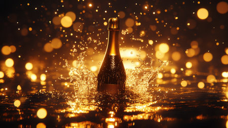 Champagne bottle surrounded by splashing water and radiant golden lights, ideal for marking moments of joy and success.の素材