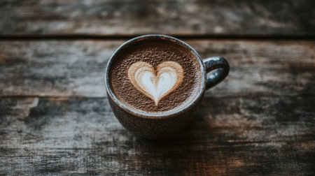 Beautifully crafted heart latte art on a coffee cup placed on a wooden table, ideal for a cozy cafe vibe.の素材