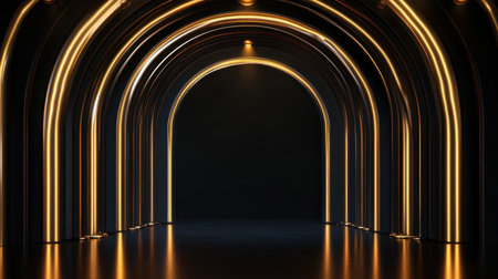 Elegant royal awards backdrop with black and gold elements, featuring a golden spotlight and dramatic arc design.の素材