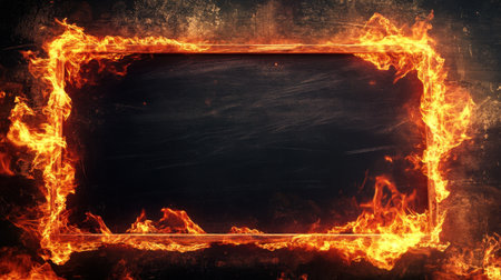 Blackboard with glowing fire along its edges, providing a dynamic and fiery frame for bold statements.の素材