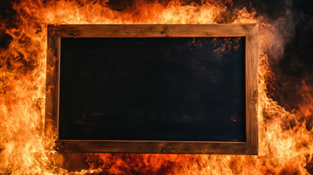 Close-up of flames framing a blackboard, creating a striking fiery contrast with space for copy in the center.の素材