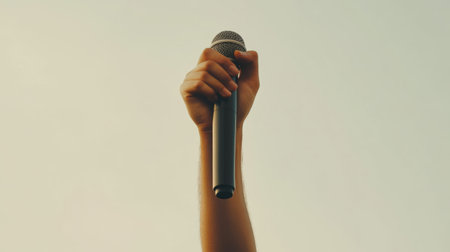 Focused shot of a hand raising a microphone, symbolizing empowerment, leadership, or creativity, against a neutral background.の素材